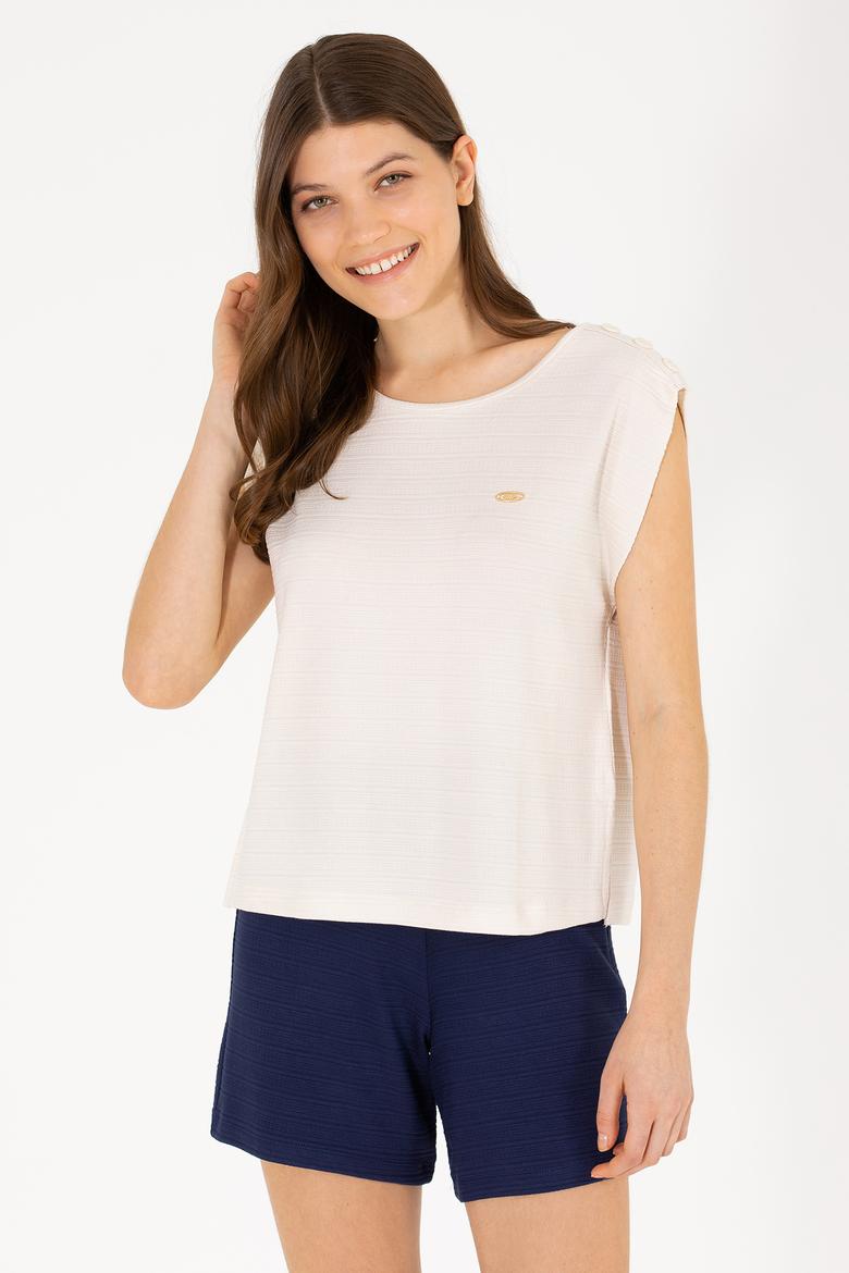 Kadın Krem Bisiklet Yaka Kolsuz Tişört