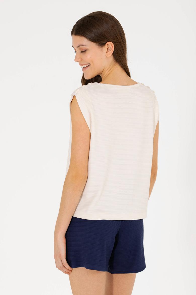 Kadın Krem Bisiklet Yaka Kolsuz Tişört - 50263790051