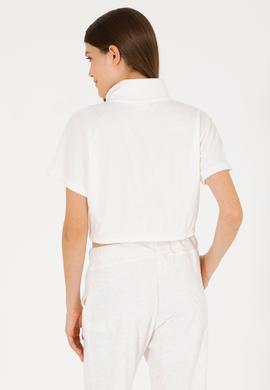 Kadın Ekru V Yaka Crop Tişört - 50263981022