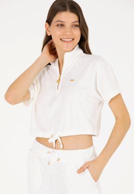 Kadın Ekru V Yaka Crop Tişört - 50263981022