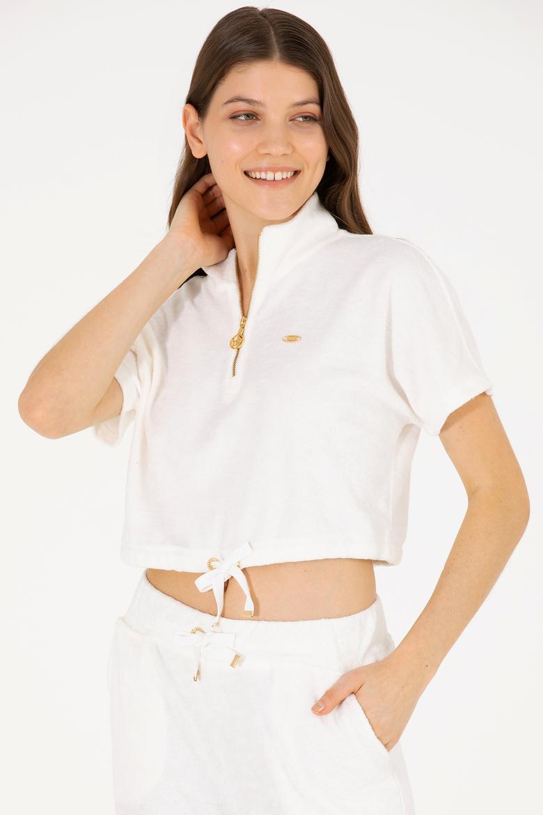 Kadın Ekru V Yaka Crop Tişört - 50263981022