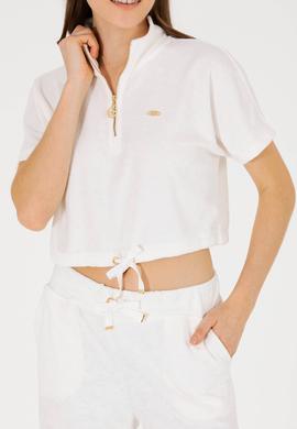 Kadın Ekru V Yaka Crop Tişört - 50263981022