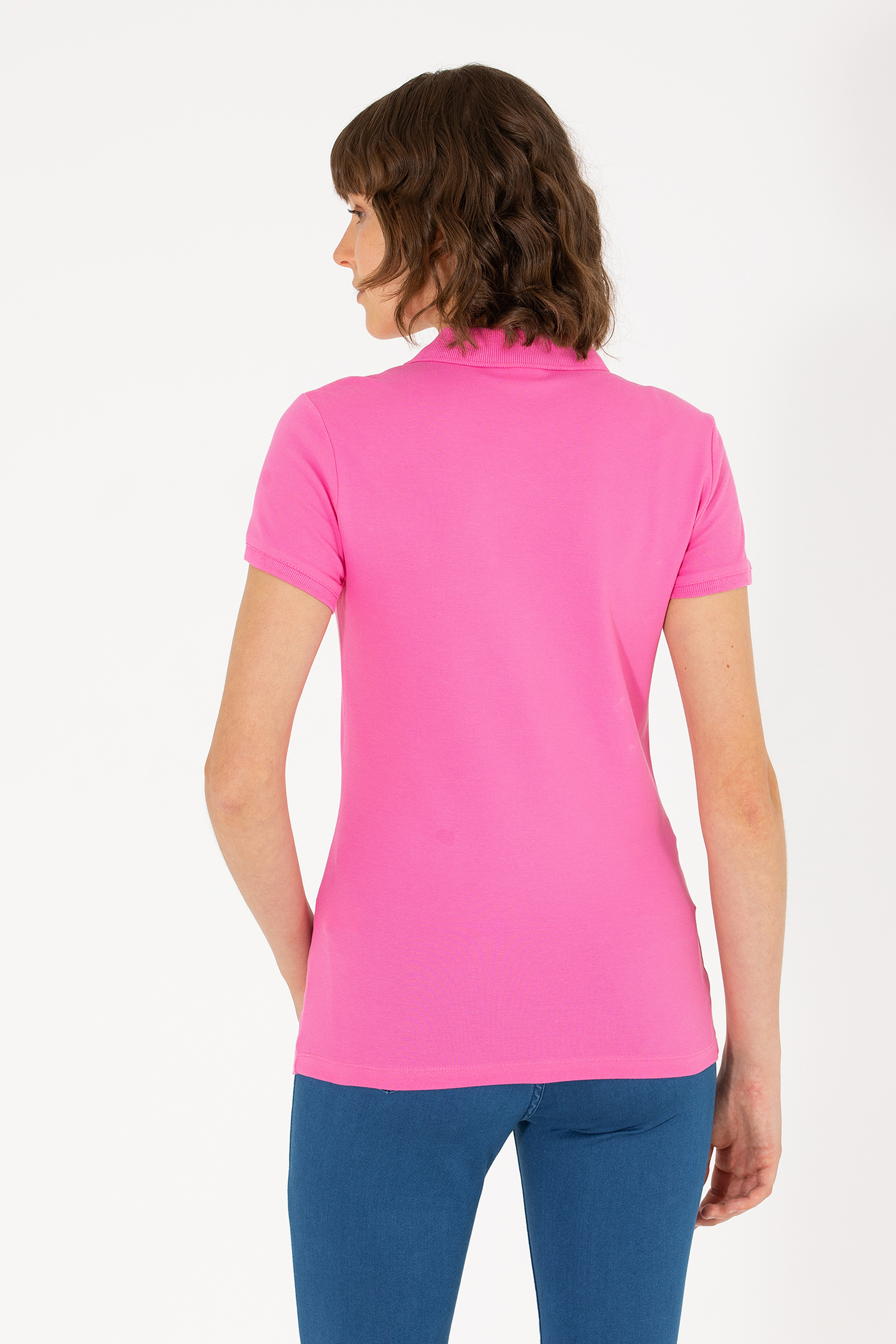 Kadın Pembe Basic Polo Yaka Tişört - Image 5