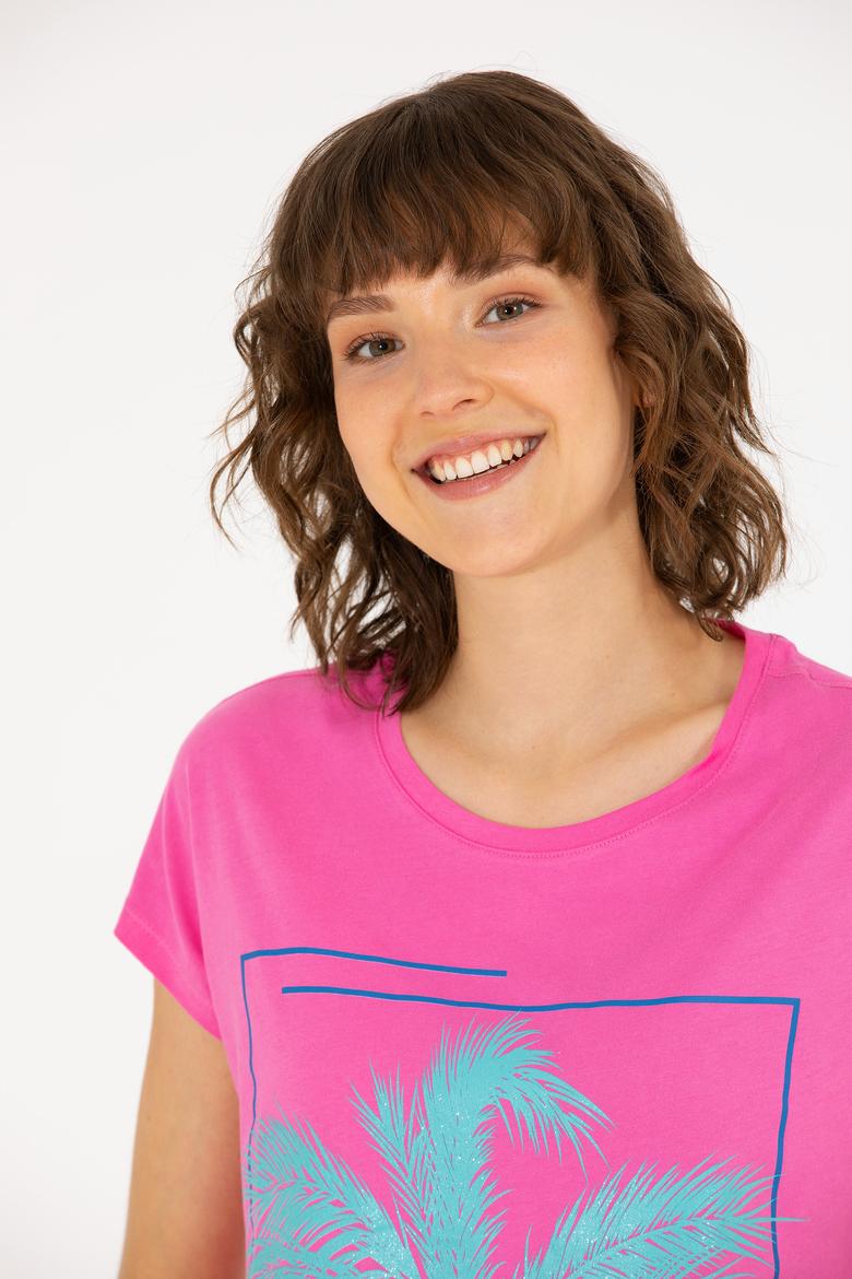 Kadın Pembe Bisiklet Yaka Tişört - 50262950021