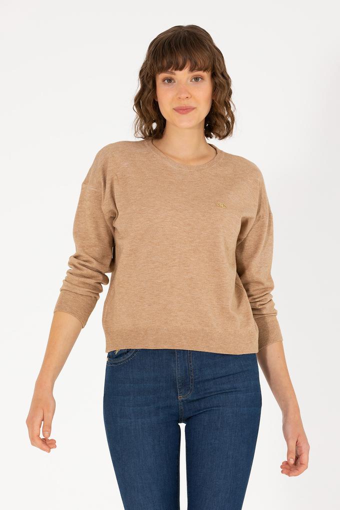 Kadın Camel Melanj Bisiklet Yaka Kazak