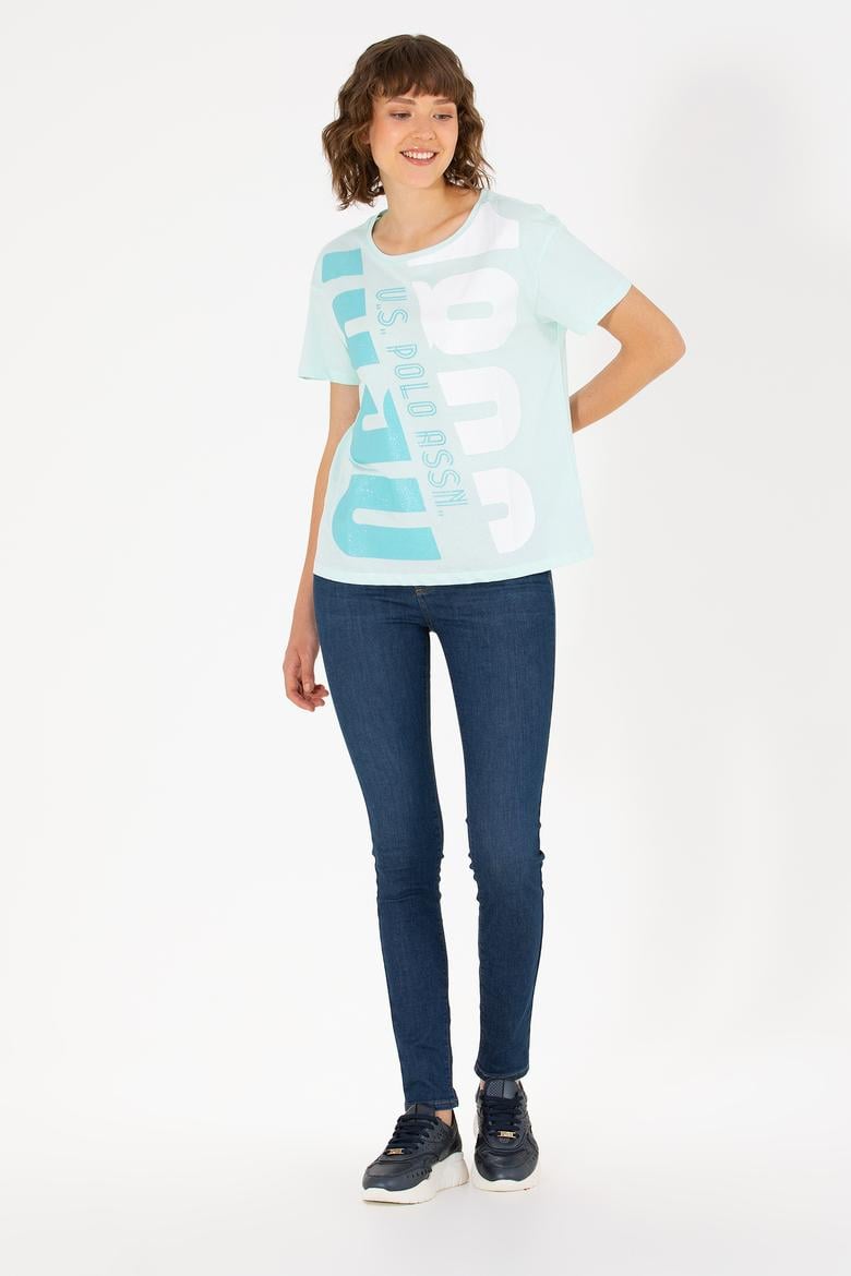 Kadın Su Yeşili Bisiklet Yaka Tişört - 50262949013