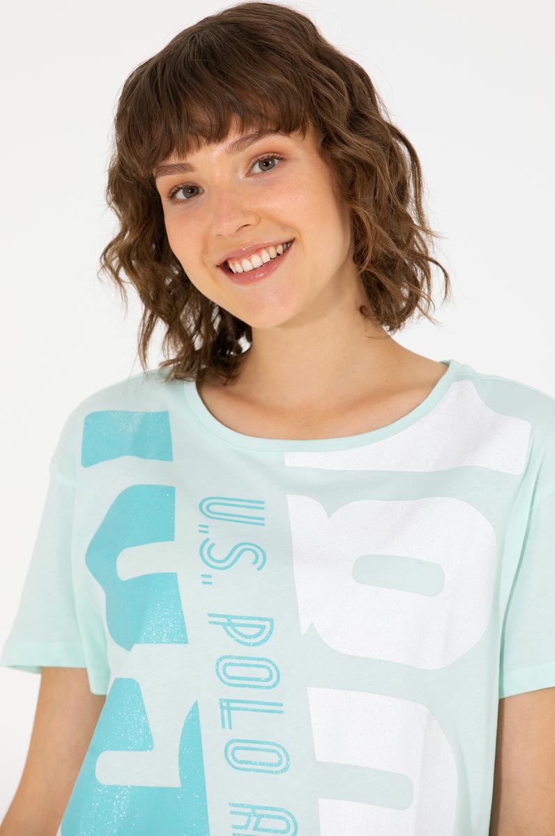 Kadın Su Yeşili Bisiklet Yaka Tişört