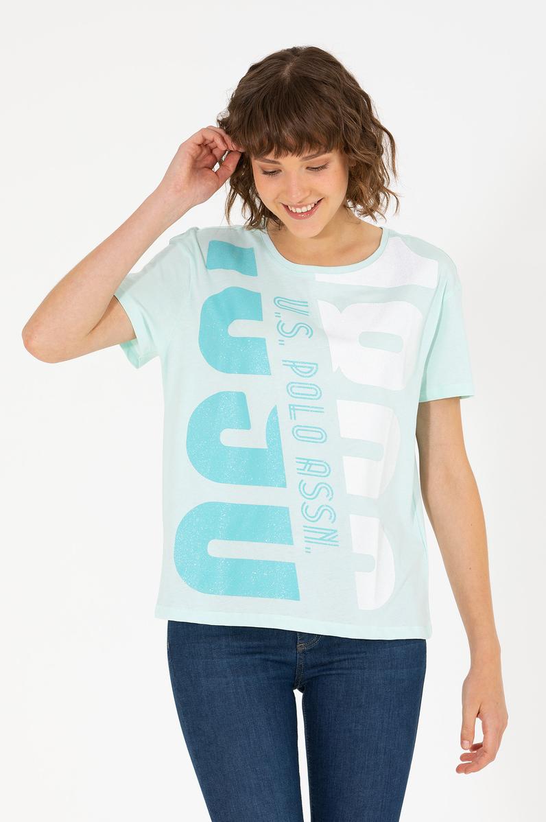 Kadın Su Yeşili Bisiklet Yaka Tişört