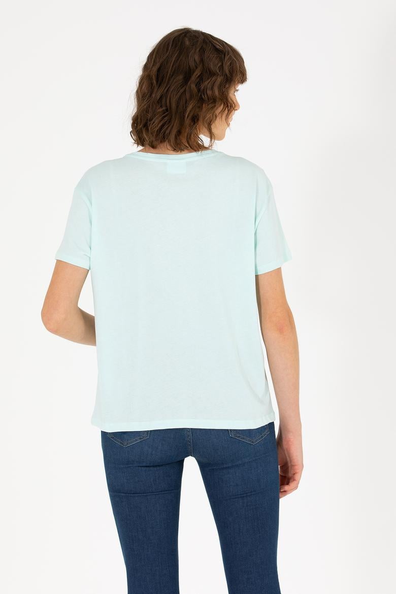 Kadın Su Yeşili Bisiklet Yaka Tişört - 50262949013