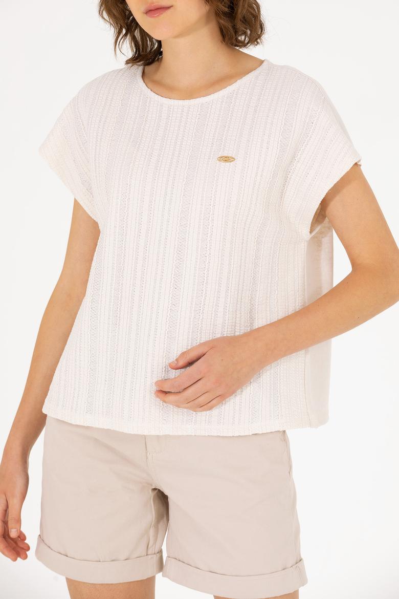 Kadın Krem Bisiklet Yaka Tişört - 50263675028