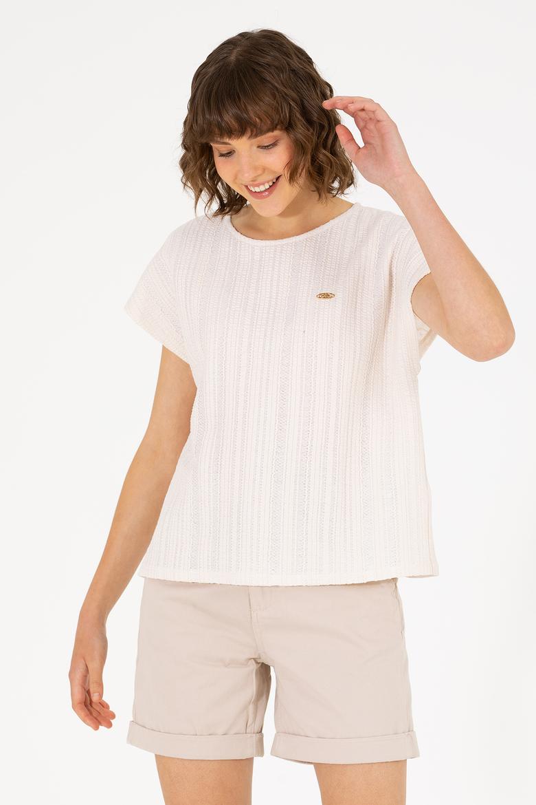 Kadın Krem Bisiklet Yaka Tişört - 50263675028