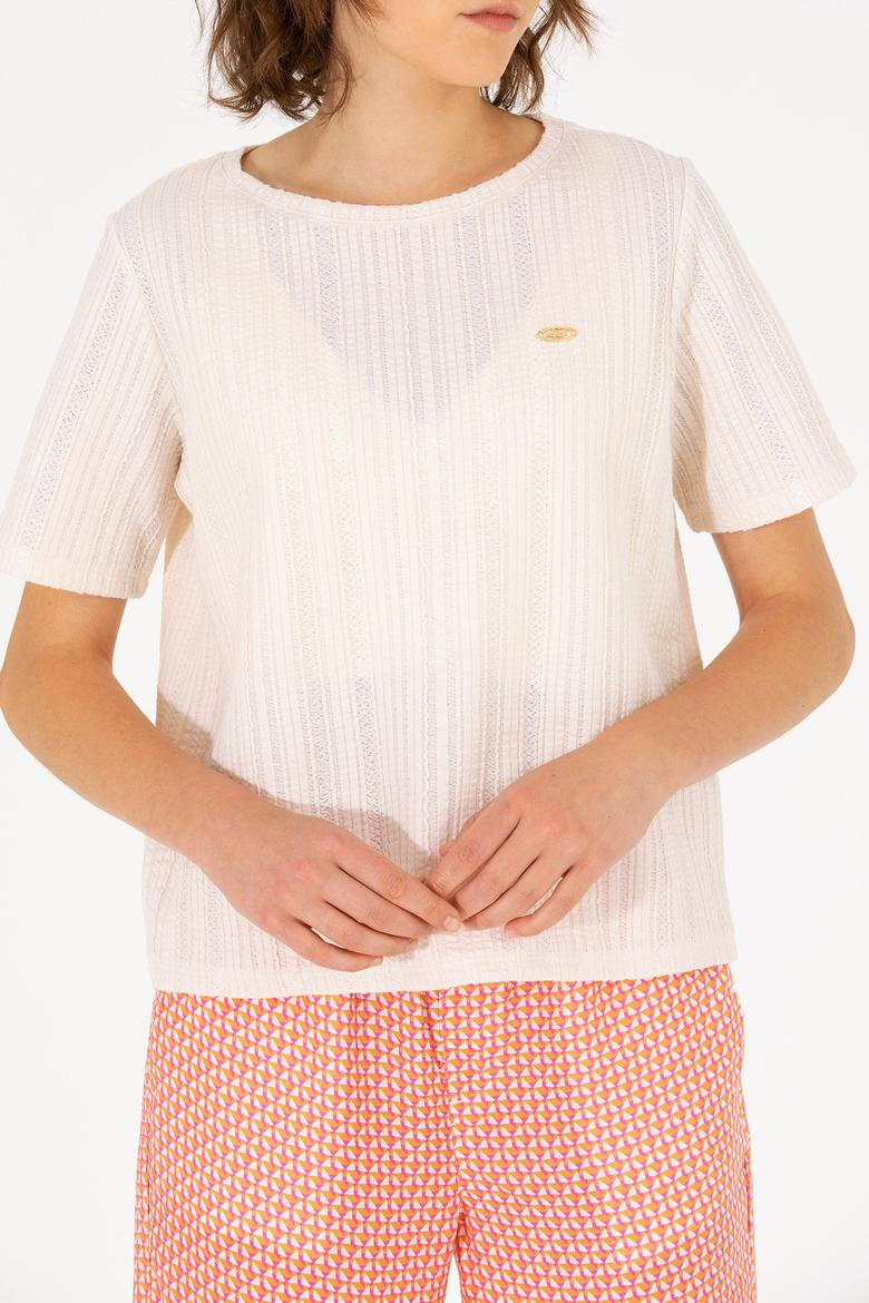 Kadın Krem Bisiklet Yaka Tişört - 50263757028