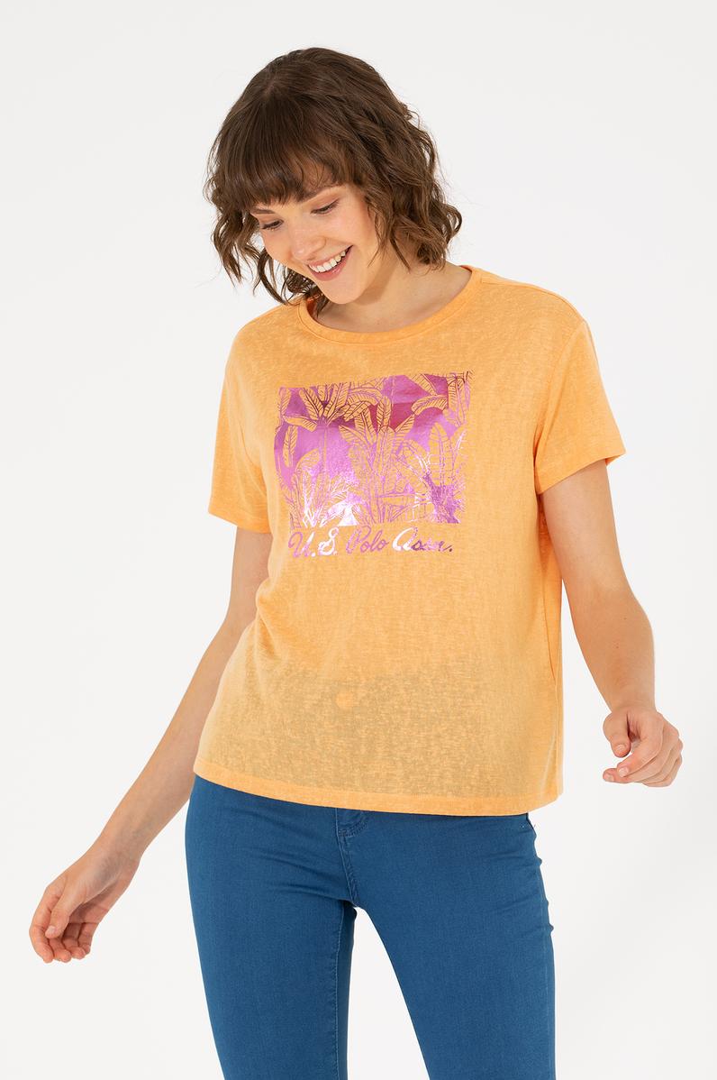 Kadın Turuncu Bisiklet Yaka Tişört