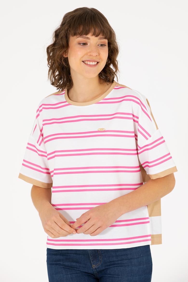 Kadın Pembe Bisiklet Yaka Tişört - 50262482021