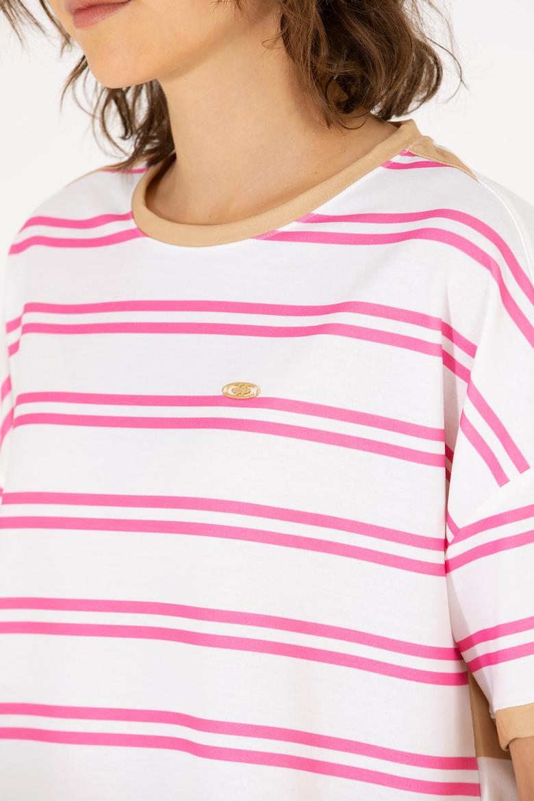 Kadın Pembe Bisiklet Yaka Tişört - 50262482021