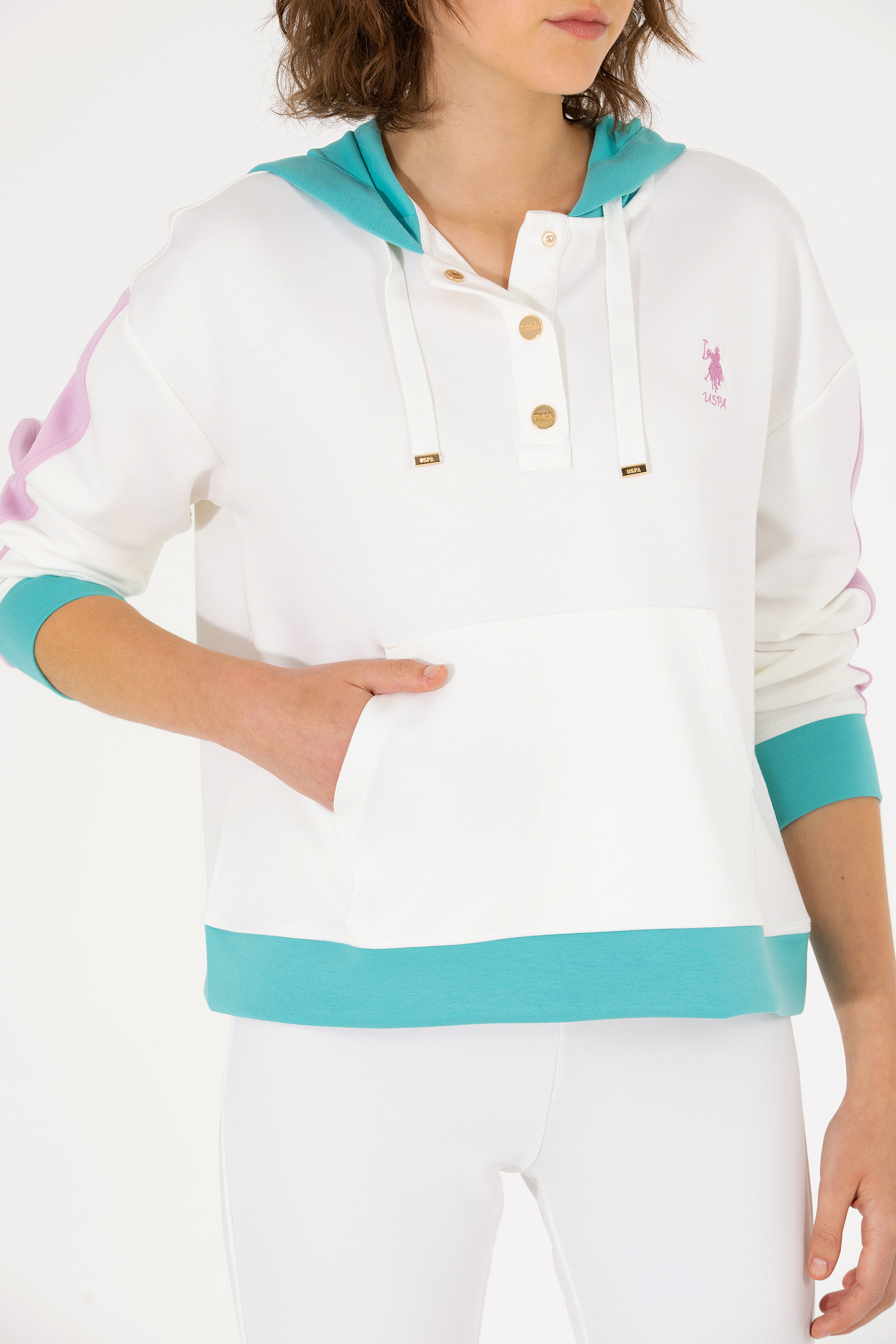 Kadın Krem Kapüşonlu Sweatshirt - Image 6