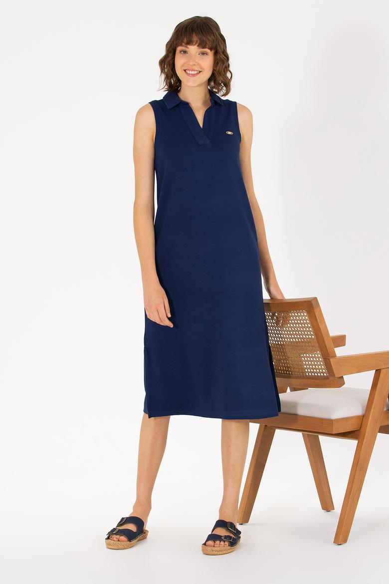 Kadın Lacivert Polo Yaka Örme Elbise - 50263593051