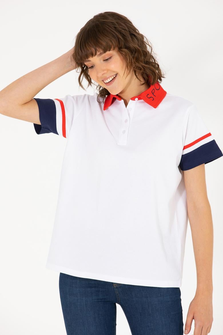 Kadın Beyaz Polo Yaka Tişört - 50263966022