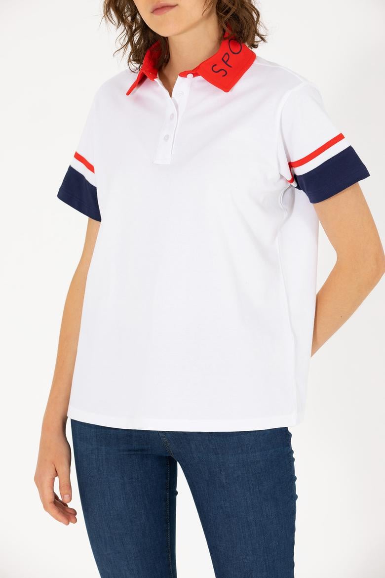 Kadın Beyaz Polo Yaka Tişört - 50263966022