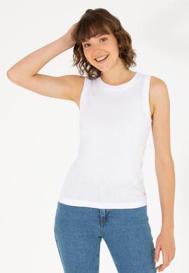 Kadın Beyaz Bisiklet Yaka Kolsuz Basic Tişört - 50264964016