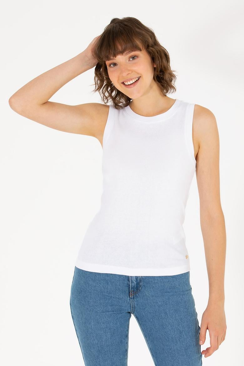 Kadın Beyaz Bisiklet Yaka Kolsuz Basic Tişört