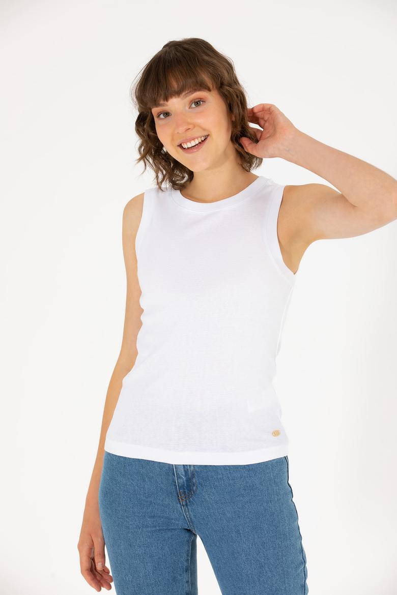 Kadın Beyaz Bisiklet Yaka Kolsuz Basic Tişört - 50264964016