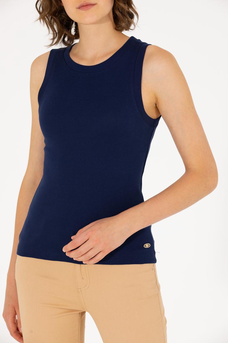 Kadın Lacivert Bisiklet Yaka Kolsuz Basic Tişört - 50264964054