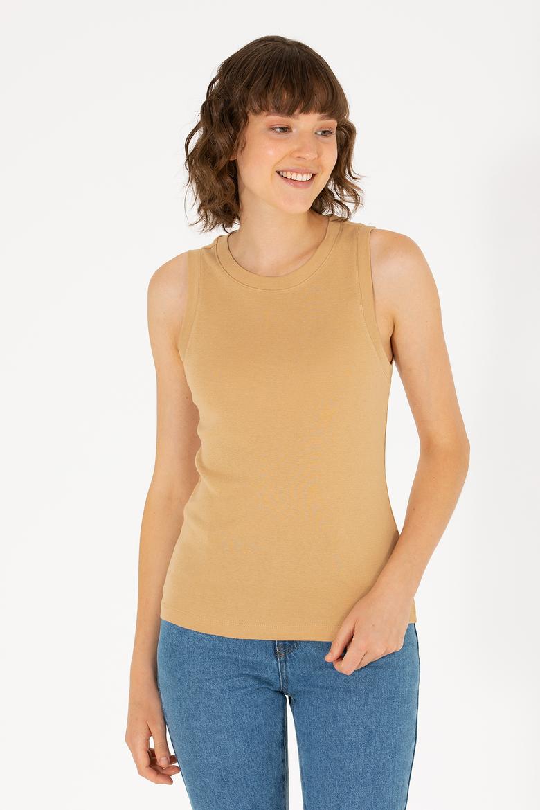 Kadın Camel Bisiklet Yaka Kolsuz Basic Tişört - 50264964104