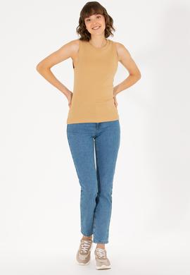 Kadın Camel Bisiklet Yaka Kolsuz Basic Tişört - 50264964104