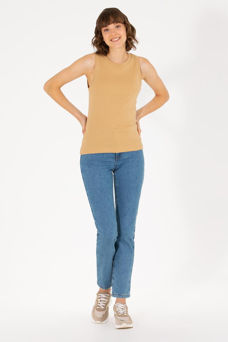 Kadın Camel Bisiklet Yaka Kolsuz Basic Tişört - 50264964104