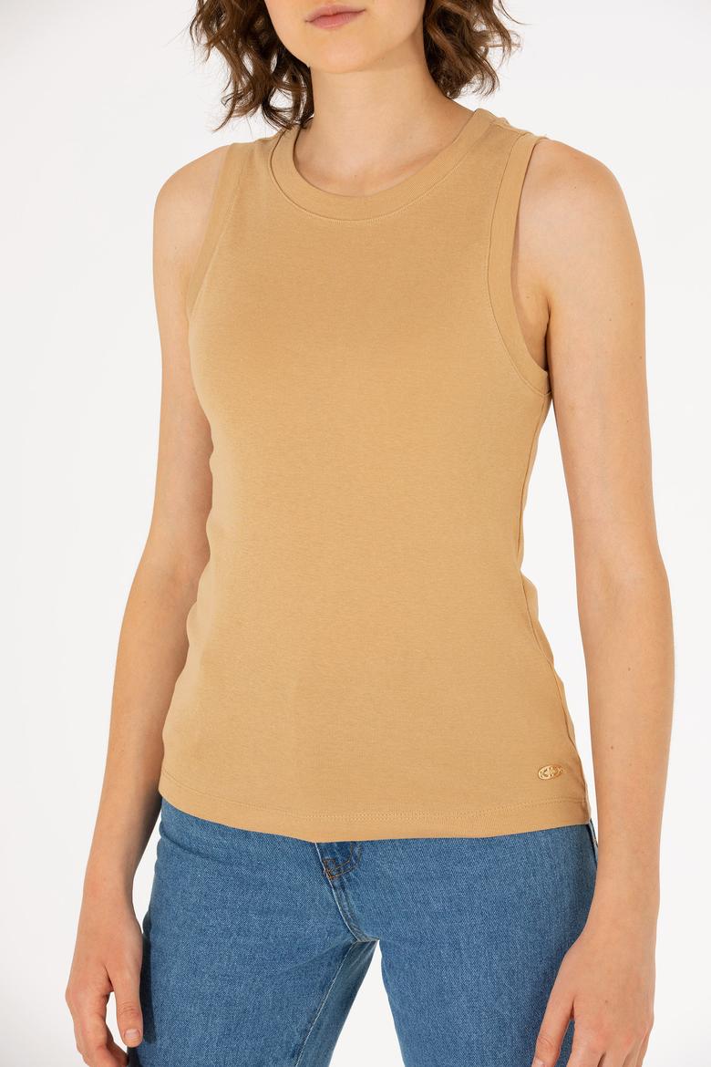 Kadın Camel Bisiklet Yaka Kolsuz Basic Tişört - 50264964104