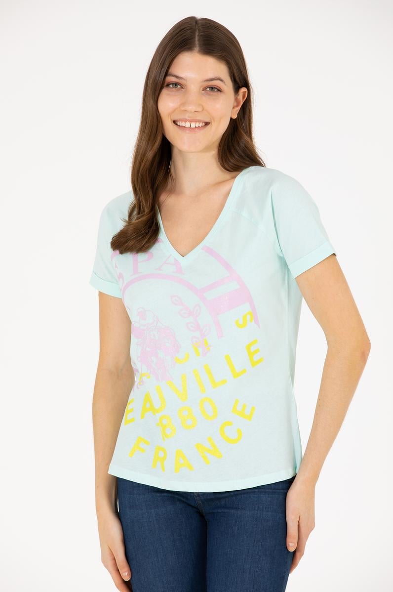 Kadın Su Yeşili V Yaka Tişört