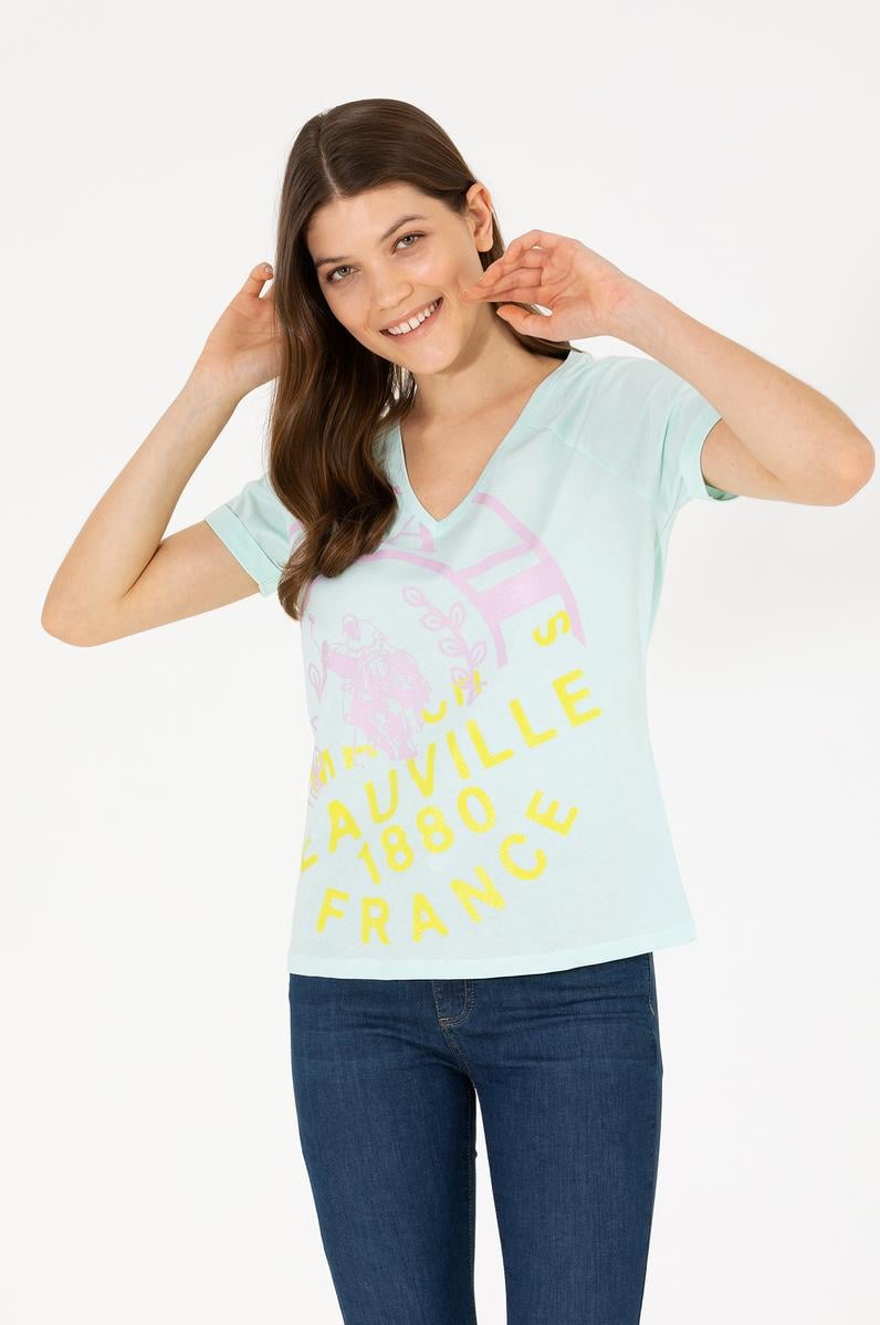 Kadın Su Yeşili V Yaka Tişört