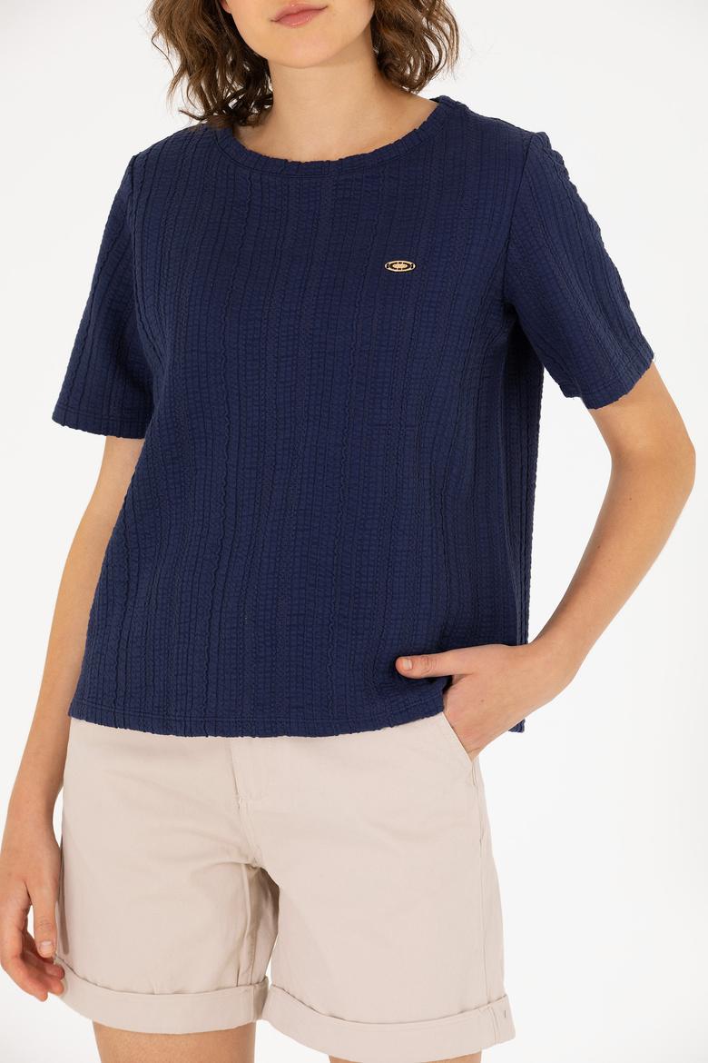 Kadın Lacivert Bisiklet Yaka Tişört - 50263757022