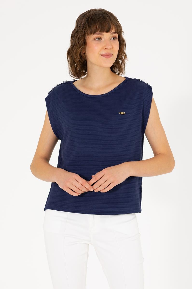 Kadın Lacivert Bisiklet Yaka Kolsuz Tişört