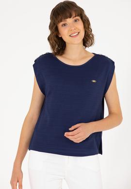 Kadın Lacivert Bisiklet Yaka Kolsuz Tişört - 50263790028
