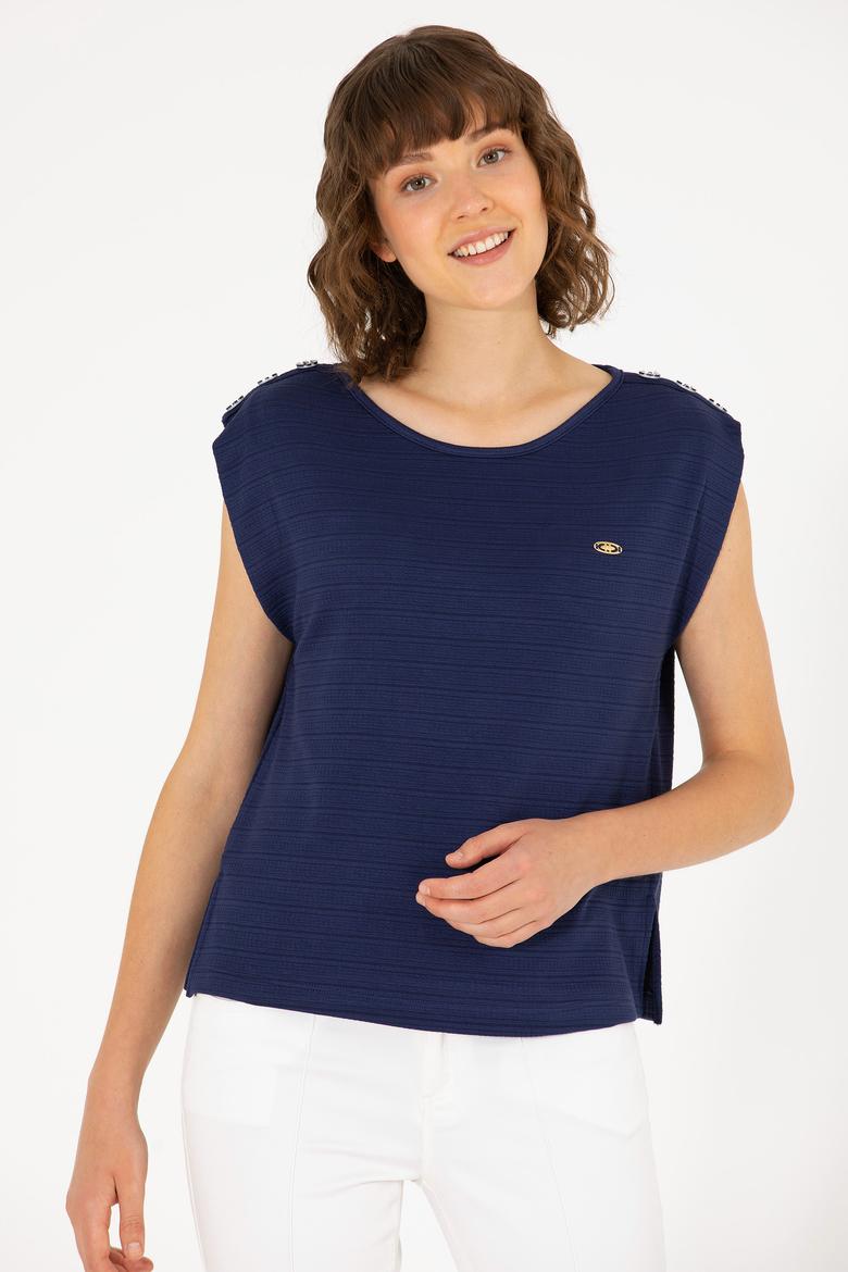 Kadın Lacivert Bisiklet Yaka Kolsuz Tişört - 50263790028