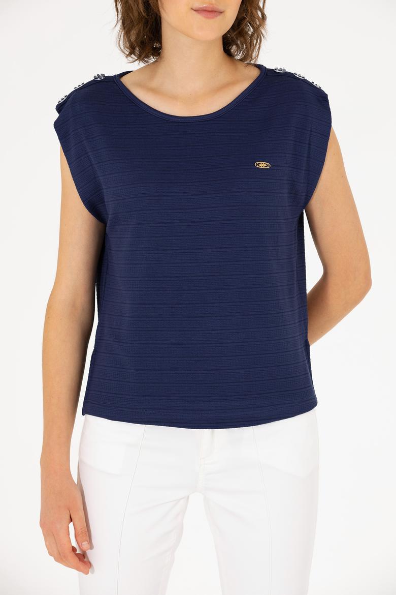 Kadın Lacivert Bisiklet Yaka Kolsuz Tişört - 50263790028