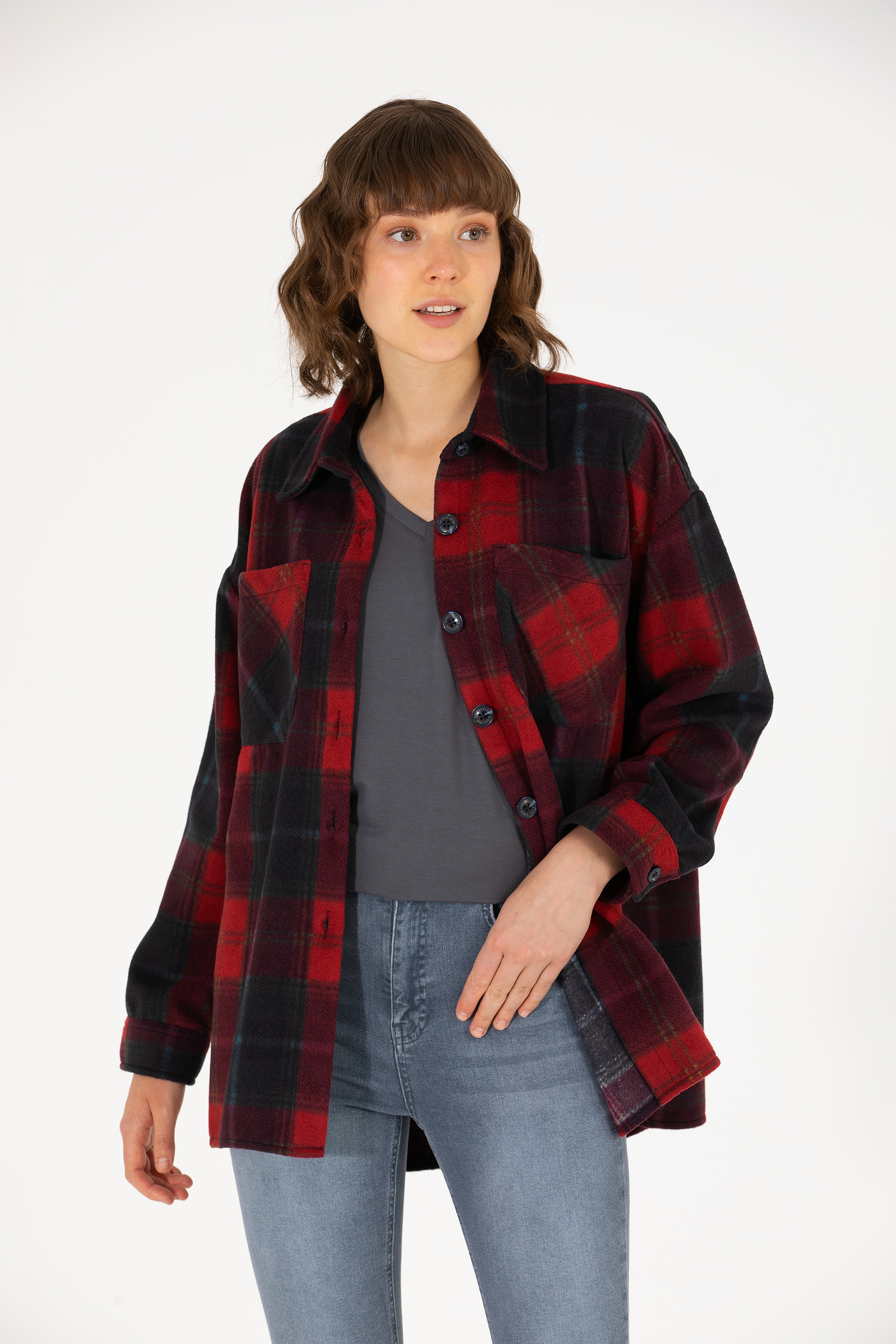 Kadın Vişne Oduncu Örme Gömlek