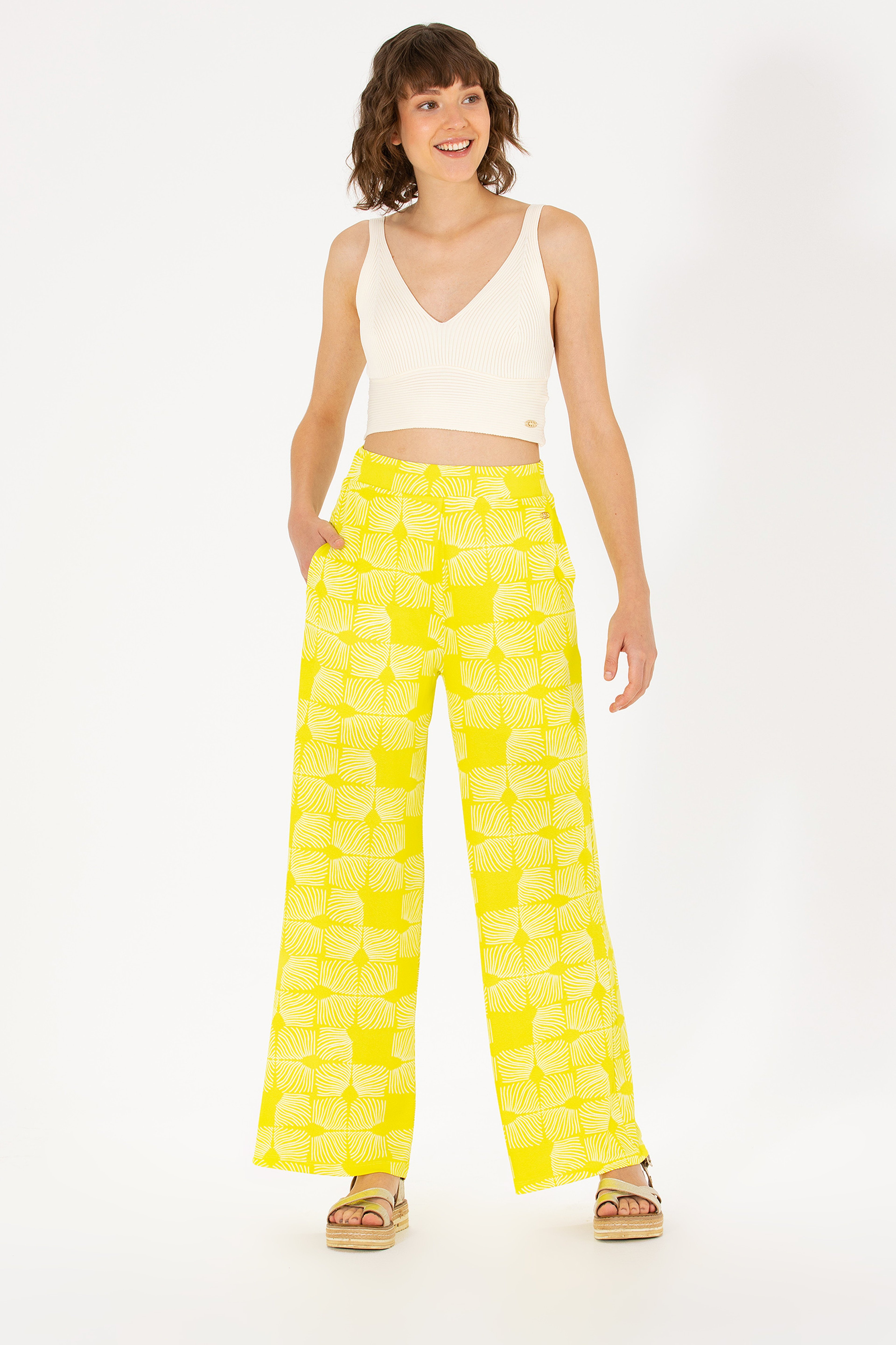 Kadın Neon Sarı Örme Pantolon - Image 3