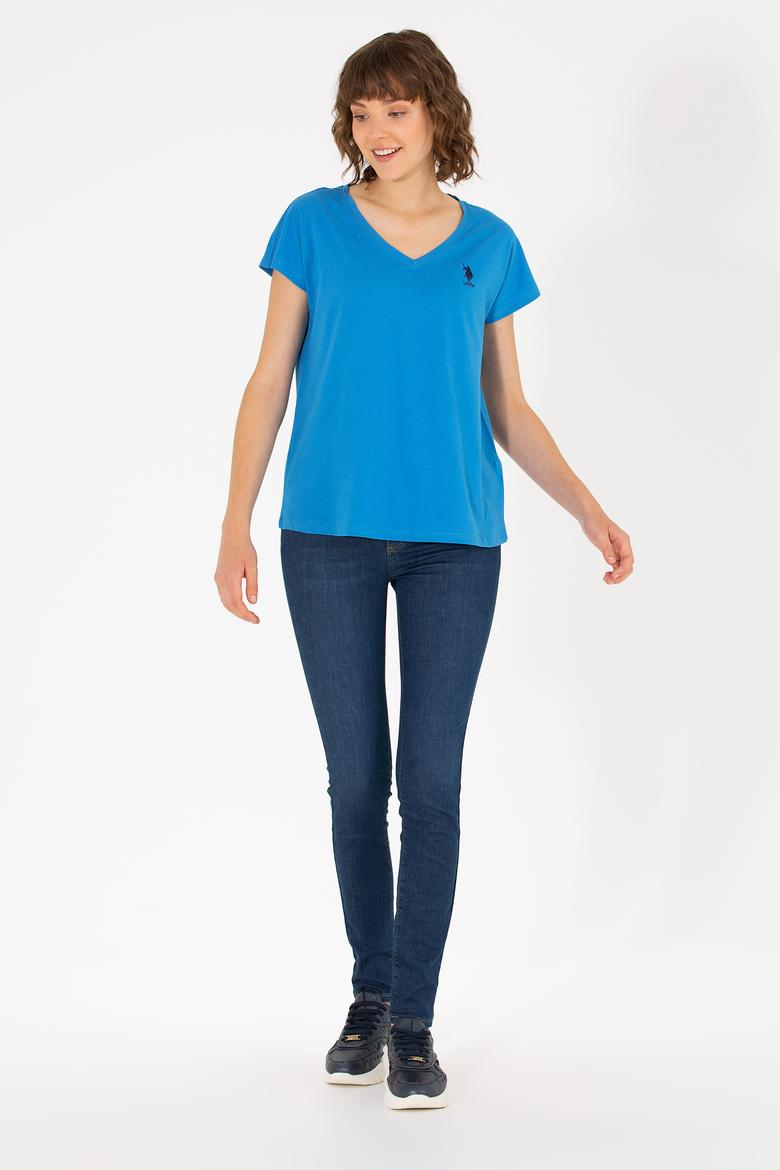 Kadın Saks V Yaka Tişört - 50266308007