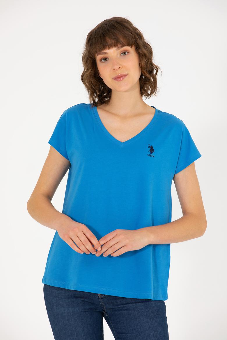 Kadın Saks V Yaka Tişört - 50266308007