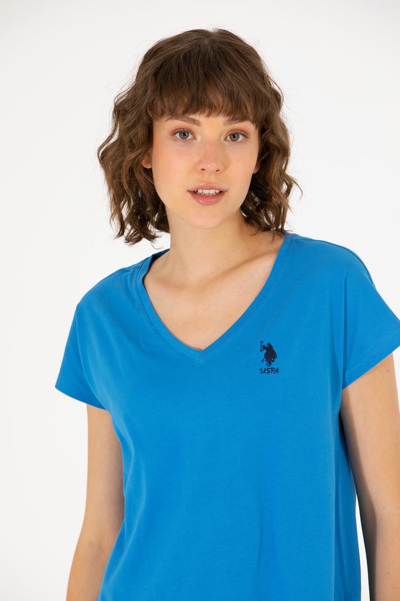 Kadın Saks V Yaka Tişört - 50266308007