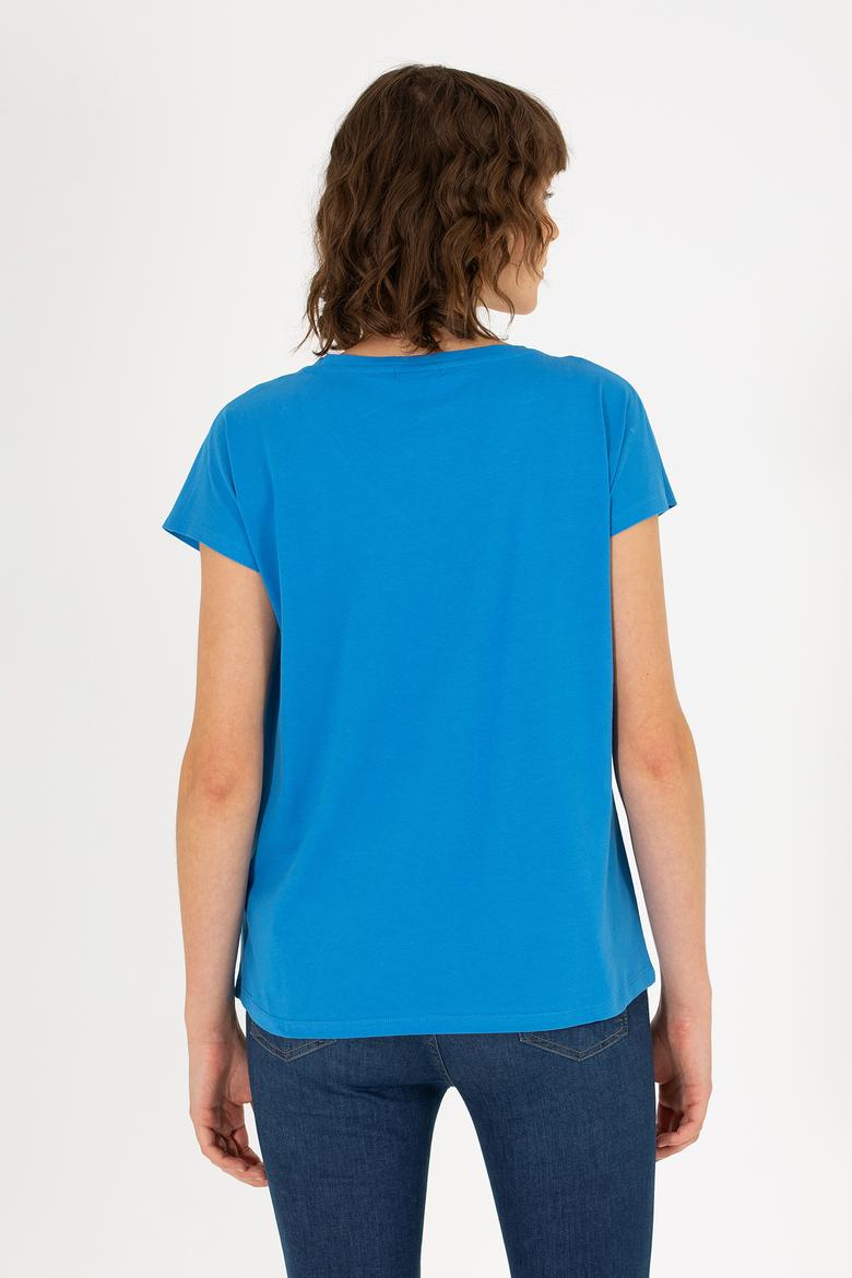 Kadın Saks V Yaka Tişört - 50266308007