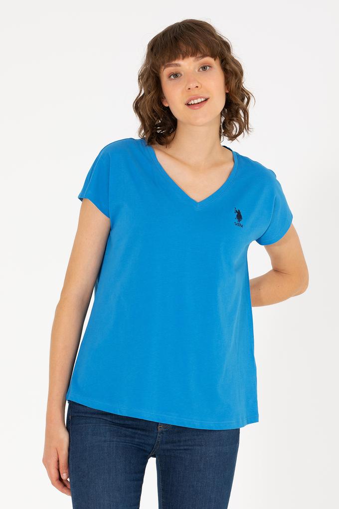 Kadın Saks V Yaka Tişört