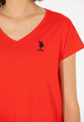 Kadın Kırmızı V Yaka Tişört - 50266308111