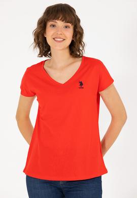 Kadın Kırmızı V Yaka Tişört - 50266308111