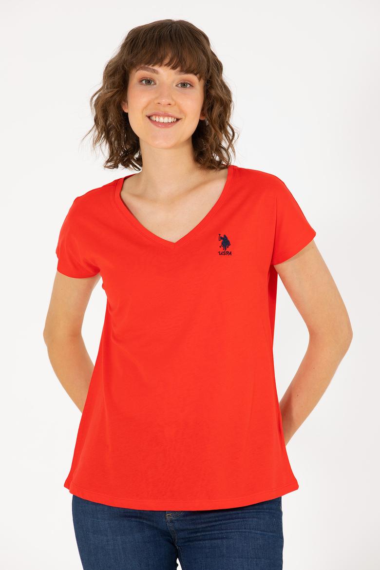 Kadın Kırmızı V Yaka Tişört - 50266308111