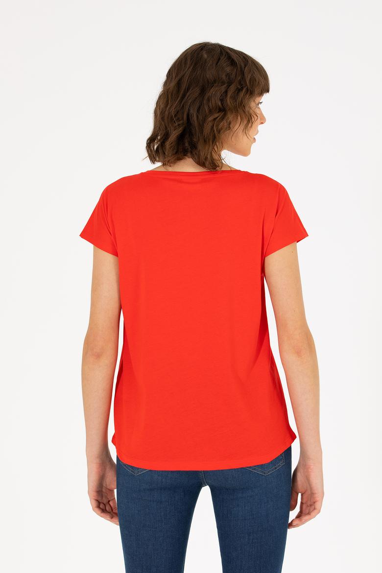 Kadın Kırmızı V Yaka Tişört - 50266308111