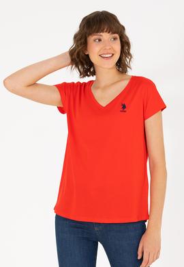 Kadın Kırmızı V Yaka Tişört - 50266308111